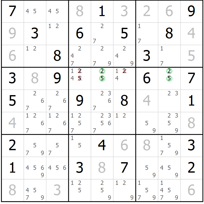 Position des candidats pour la solution de la Gr 84 page 87 du magazine de sudoku Virtuose n° 114