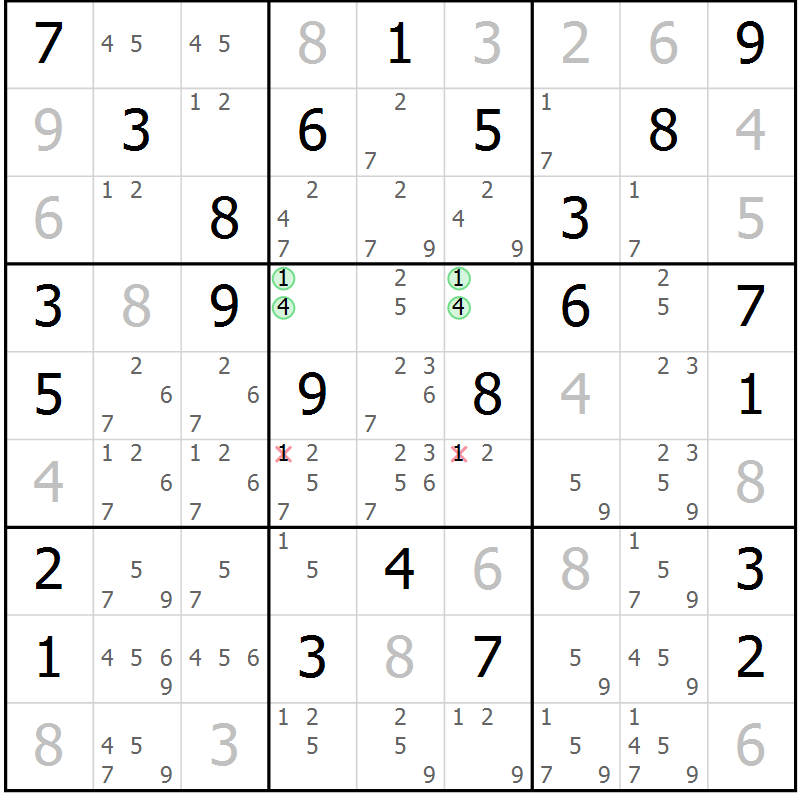 Position des candidats pour la solution de la Gr 84 page 87 du magazine de sudoku Virtuose n° 114
