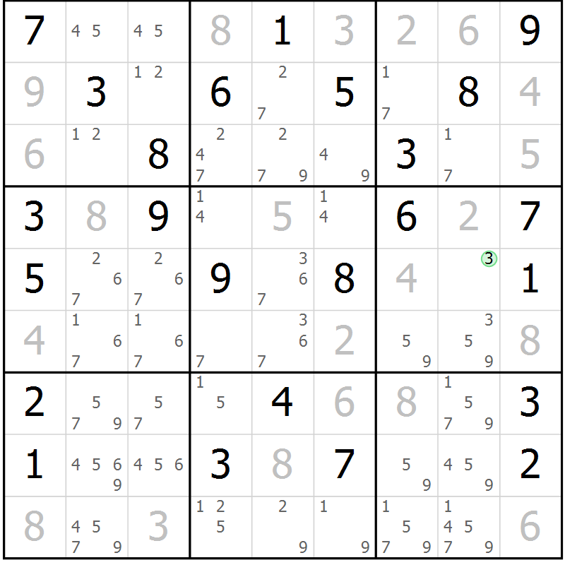 Position des candidats pour la solution de la Gr 84 page 87 du magazine de sudoku Virtuose n° 114