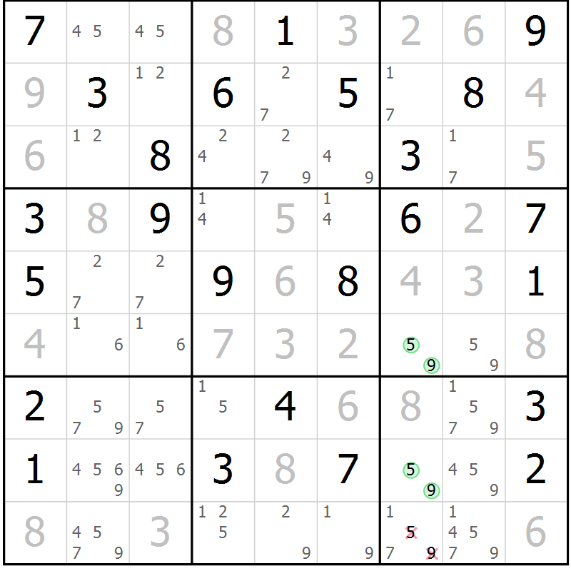 Position des candidats pour la solution de la Gr 84 page 87 du magazine de sudoku Virtuose n° 114