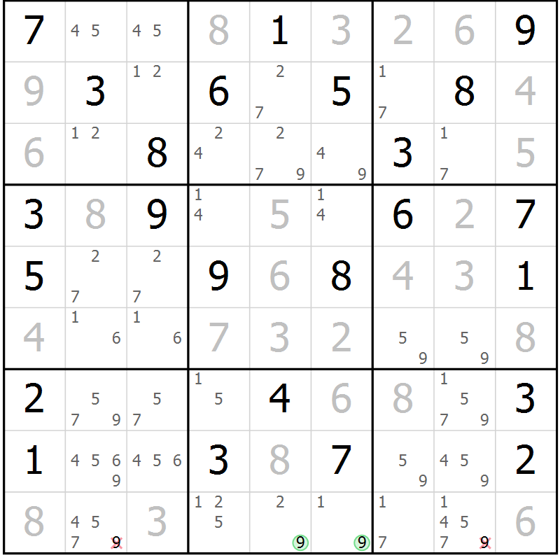 Position des candidats pour la solution de la Gr 84 page 87 du magazine de sudoku Virtuose n° 114