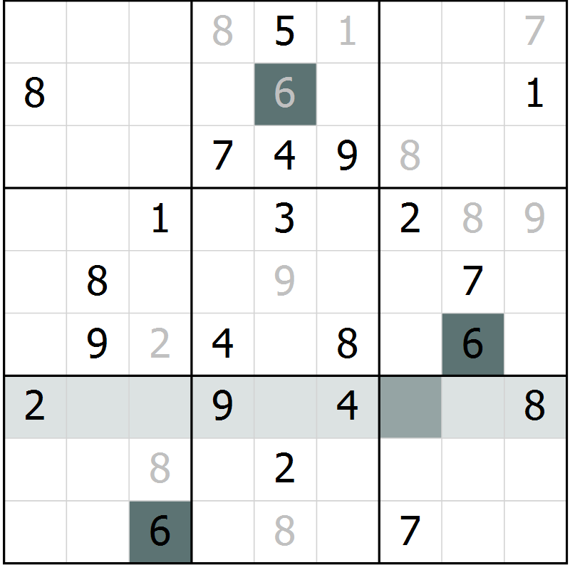 Position des candidats pour la solution de la Gr 9 page 12 du magazine de sudoku Virtuose n° 114