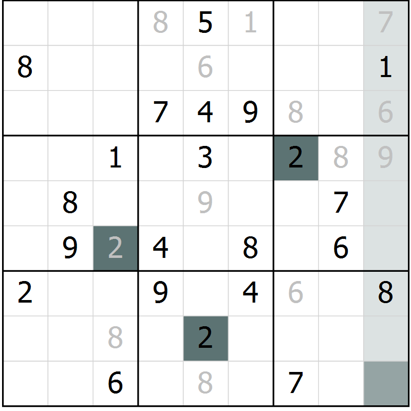 Position des candidats pour la solution de la Gr 9 page 12 du magazine de sudoku Virtuose n° 114
