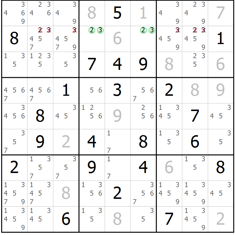 Position des candidats pour la solution de la Gr 9 page 12 du magazine de sudoku Virtuose n° 114