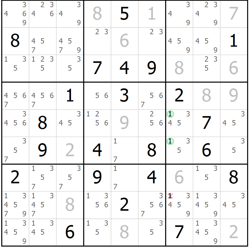 Position des candidats pour la solution de la Gr 9 page 12 du magazine de sudoku Virtuose n° 114