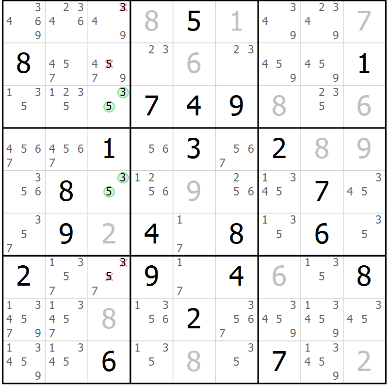 Position des candidats pour la solution de la Gr 9 page 12 du magazine de sudoku Virtuose n° 114