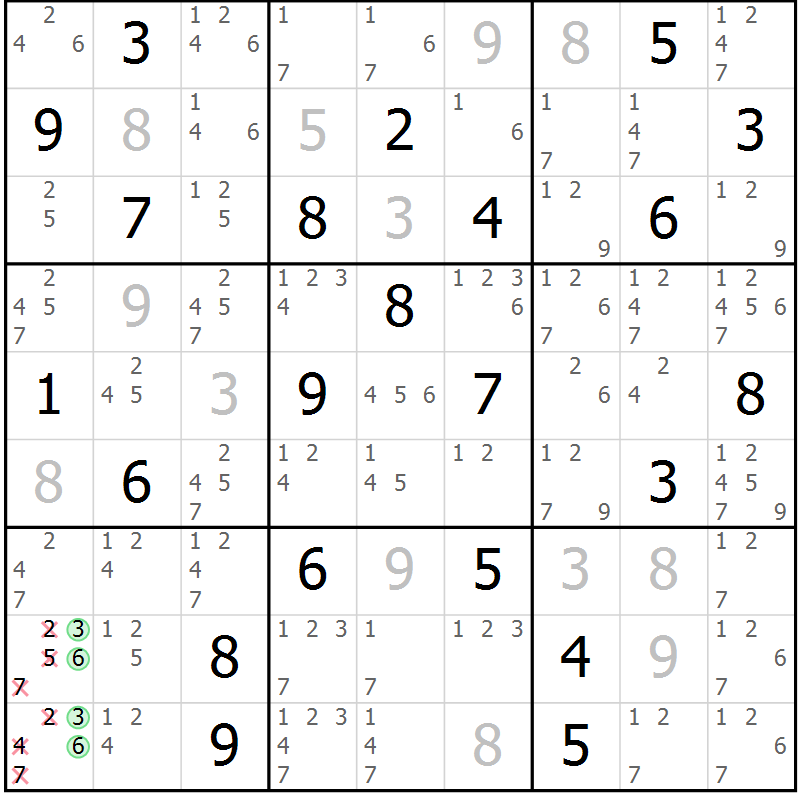 Position des candidats pour la solution de la Gr 10 page 13 du magazine de sudoku Virtuose n° 115