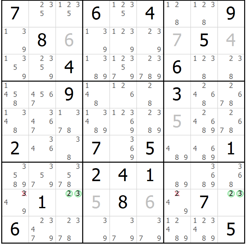 Position des candidats pour la solution de la Gr 11 page 14 du magazine de sudoku Virtuose n° 115