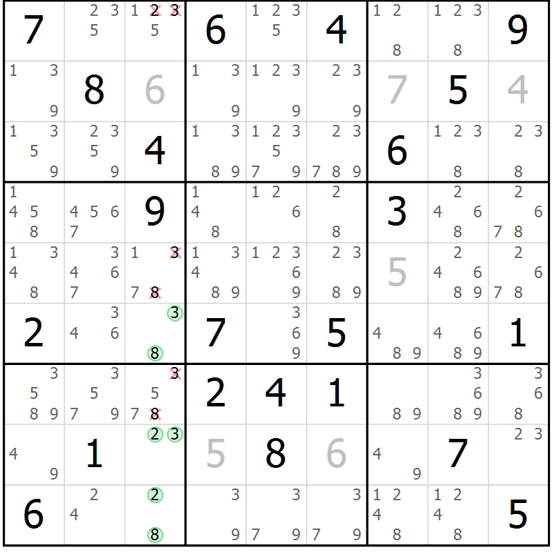 Position des candidats pour la solution de la Gr 11 page 14 du magazine de sudoku Virtuose n° 115