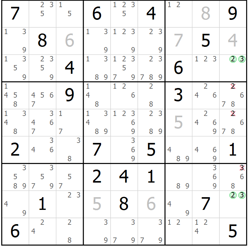 Position des candidats pour la solution de la Gr 11 page 14 du magazine de sudoku Virtuose n° 115