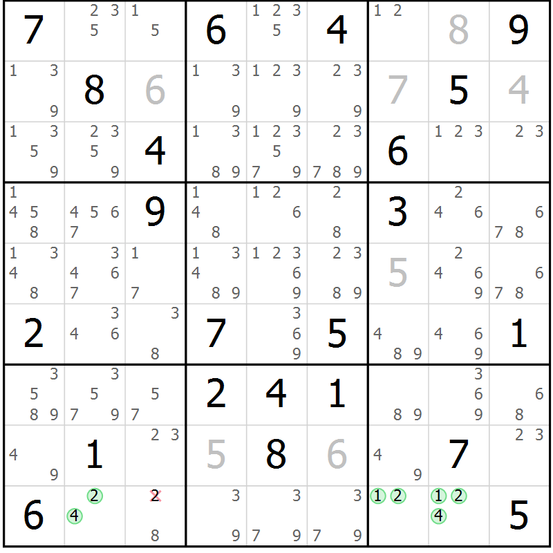 Position des candidats pour la solution de la Gr 11 page 14 du magazine de sudoku Virtuose n° 115