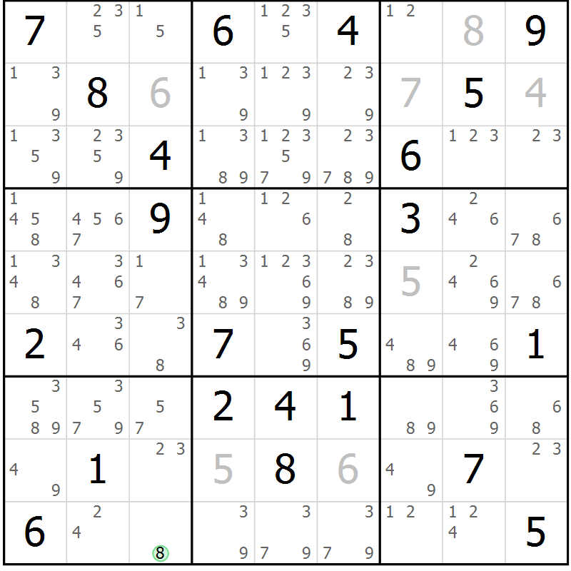 Position des candidats pour la solution de la Gr 11 page 14 du magazine de sudoku Virtuose n° 115