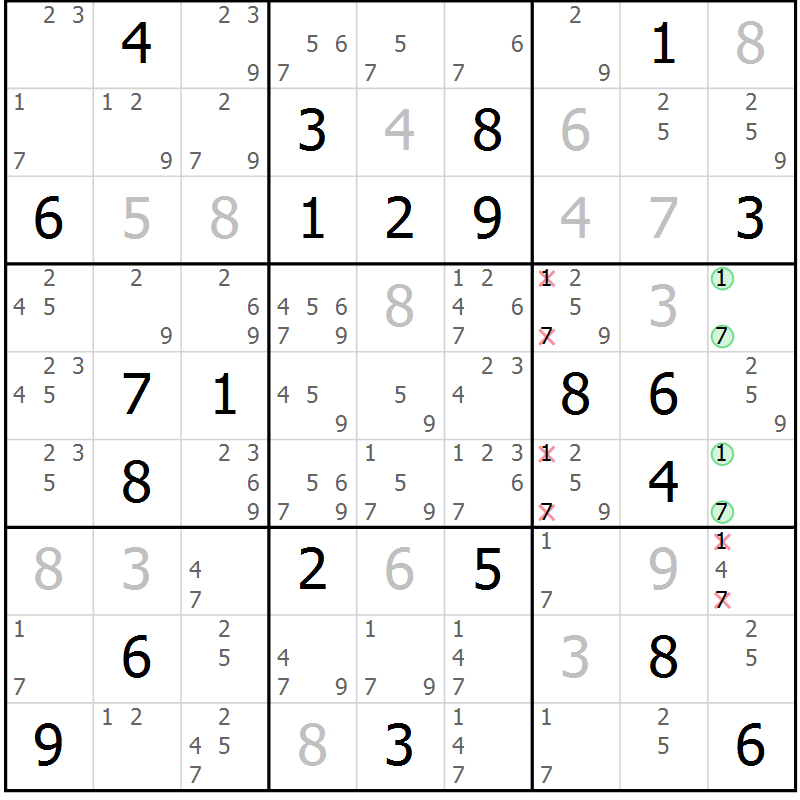 Position des candidats pour la solution de la Gr 14 page 17 du magazine de sudoku Virtuose n° 115