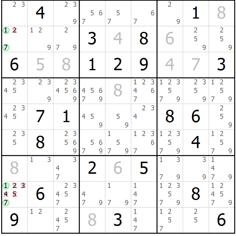 Position des candidats pour la solution de la Gr 14 page 17 du magazine de sudoku Virtuose n° 115