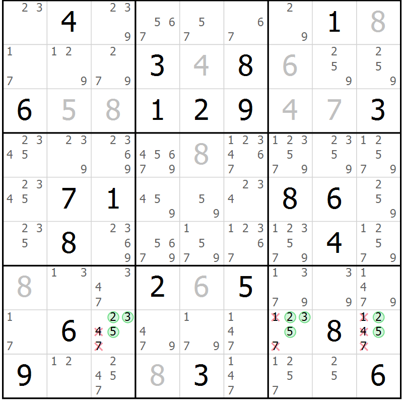 Position des candidats pour la solution de la Gr 14 page 17 du magazine de sudoku Virtuose n° 115