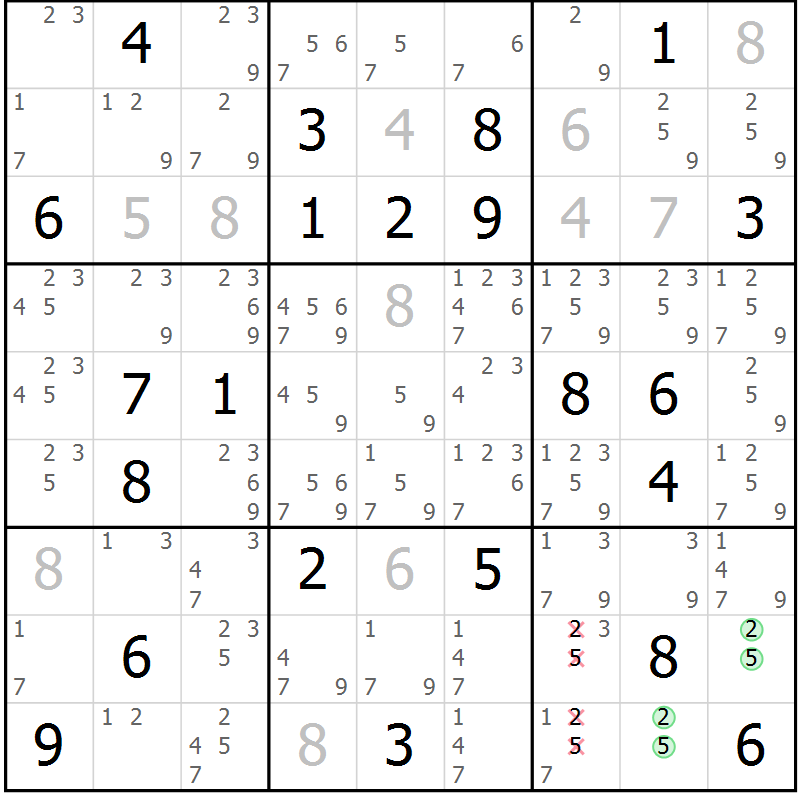 Position des candidats pour la solution de la Gr 14 page 17 du magazine de sudoku Virtuose n° 115