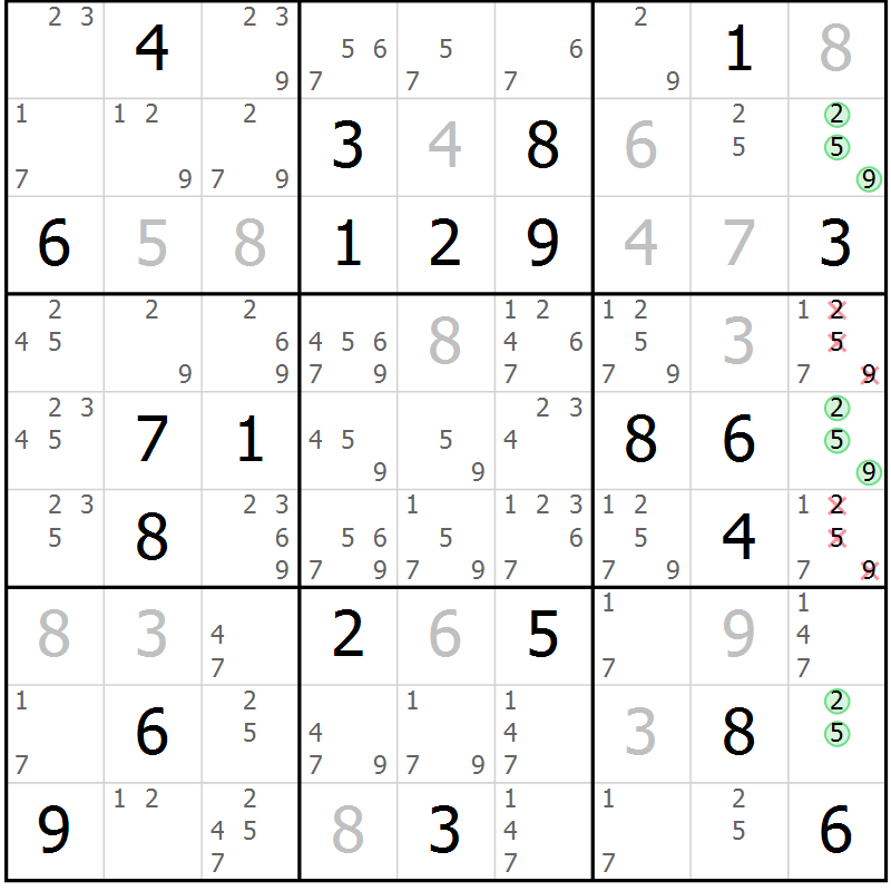 Position des candidats pour la solution de la Gr 14 page 17 du magazine de sudoku Virtuose n° 115