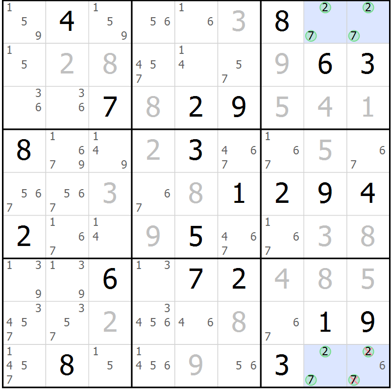 Position des candidats pour la solution de la Gr 18 page 21 du magazine de sudoku Virtuose n° 115