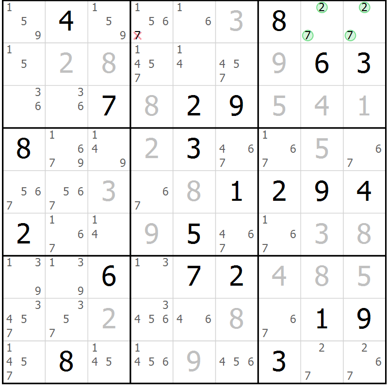 Position des candidats pour la solution de la Gr 18 page 21 du magazine de sudoku Virtuose n° 115