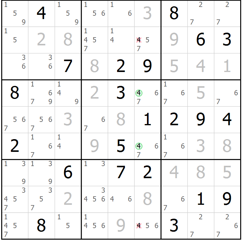 Position des candidats pour la solution de la Gr 18 page 21 du magazine de sudoku Virtuose n° 115