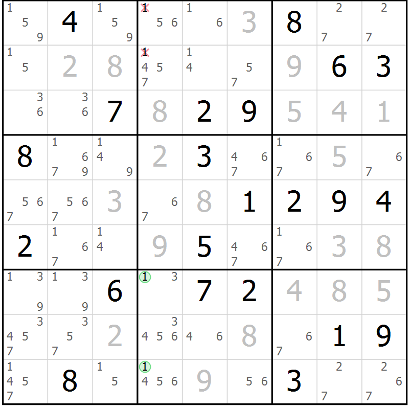 Position des candidats pour la solution de la Gr 18 page 21 du magazine de sudoku Virtuose n° 115