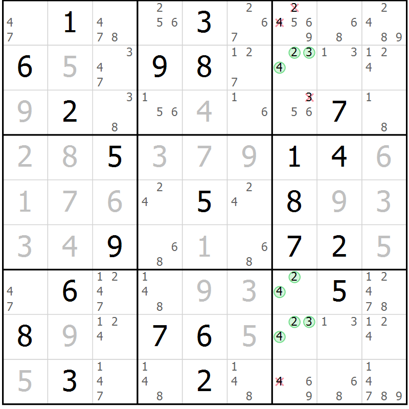Position des candidats pour la solution de la Gr 2 page 5 du magazine de sudoku Virtuose n° 115