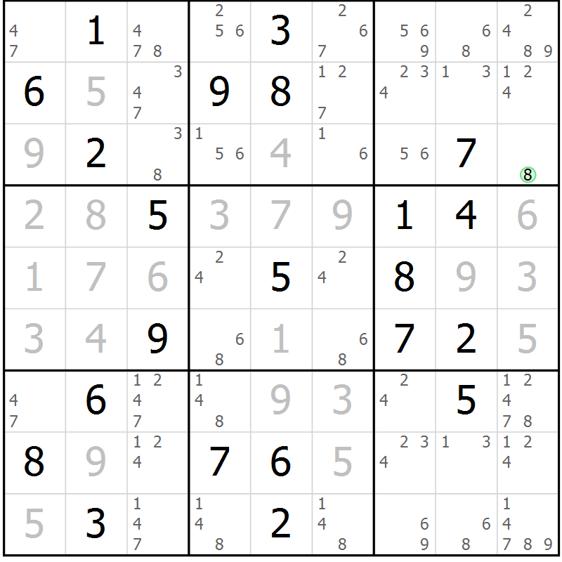 Position des candidats pour la solution de la Gr 2 page 5 du magazine de sudoku Virtuose n° 115