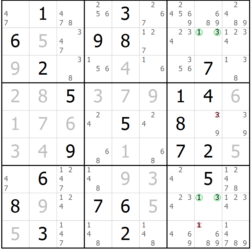 Position des candidats pour la solution de la Gr 2 page 5 du magazine de sudoku Virtuose n° 115