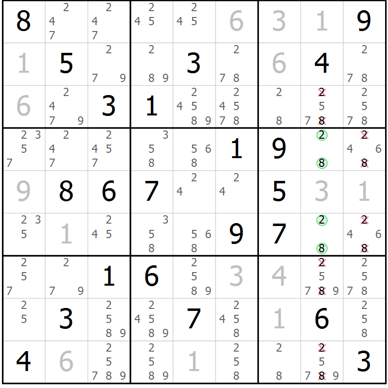 Position des candidats pour la solution de la Gr 20 page 23 du magazine de sudoku Virtuose n° 115