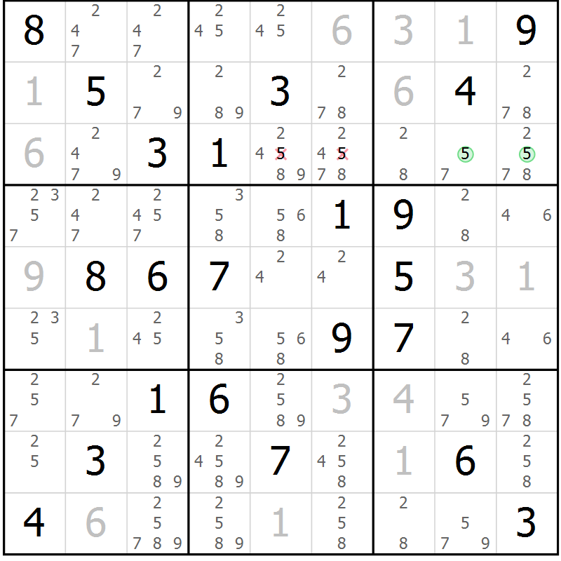 Position des candidats pour la solution de la Gr 20 page 23 du magazine de sudoku Virtuose n° 115