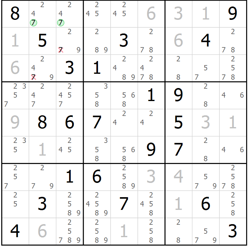 Position des candidats pour la solution de la Gr 20 page 23 du magazine de sudoku Virtuose n° 115