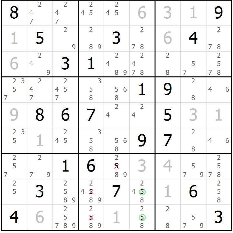 Position des candidats pour la solution de la Gr 20 page 23 du magazine de sudoku Virtuose n° 115