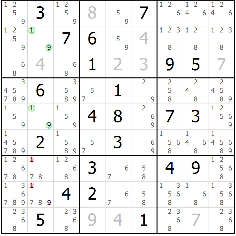 Position des candidats pour la solution de la Gr 21 page 24 du magazine de sudoku Virtuose n° 115