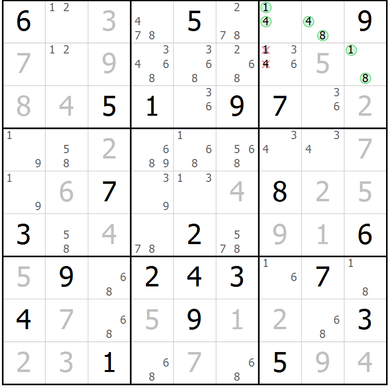 Position des candidats pour la solution de la Gr 22 page 25 du magazine de sudoku Virtuose n° 115