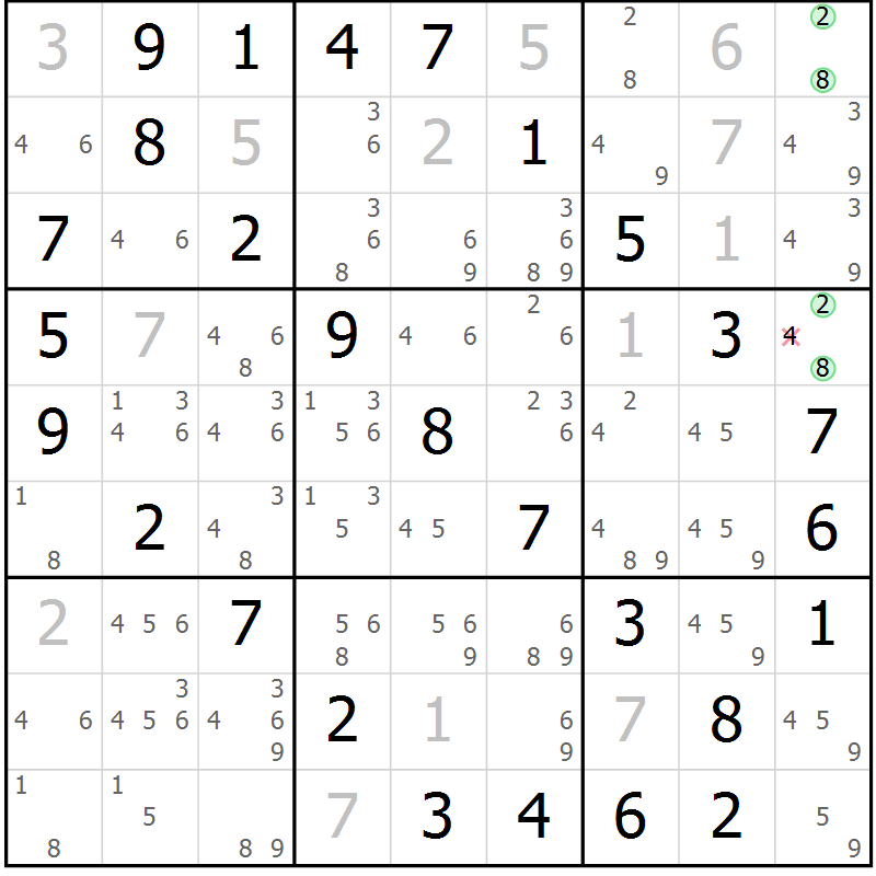 Position des candidats pour la solution de la Gr 24 page 27 du magazine de sudoku Virtuose n° 115