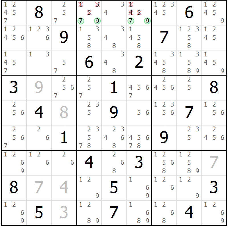 Position des candidats pour la solution de la Gr 29 page 32 du magazine de sudoku Virtuose n° 115