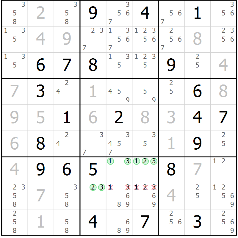 Position des candidats pour la solution de la Gr 3 page 6 du magazine de sudoku Virtuose n° 115