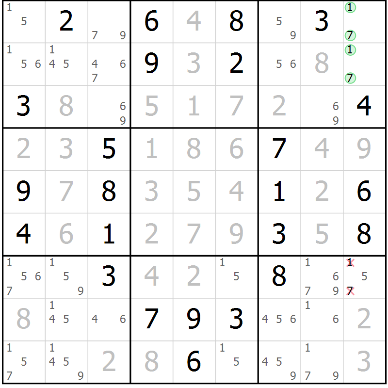 Position des candidats pour la solution de la Gr 33 page 36 du magazine de sudoku Virtuose n° 115