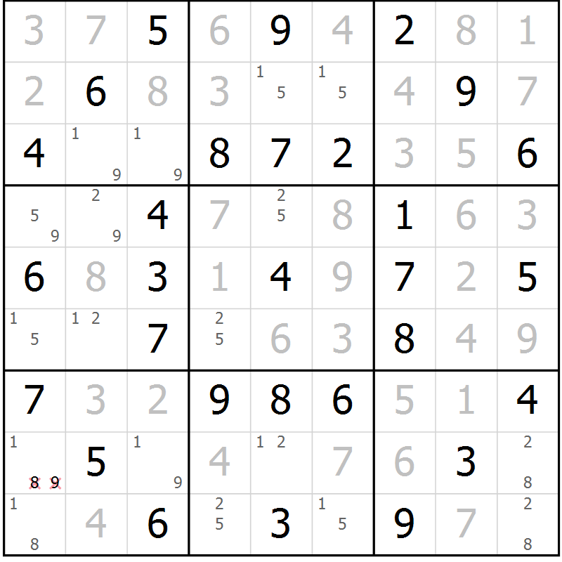 Position des candidats pour la solution de la Gr 36 page 39 du magazine de sudoku Virtuose n° 115