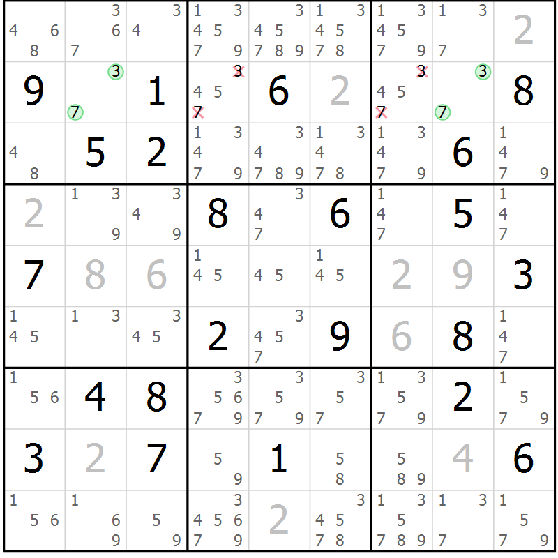 Position des candidats pour la solution de la Gr 4 page 7 du magazine de sudoku Virtuose n° 115