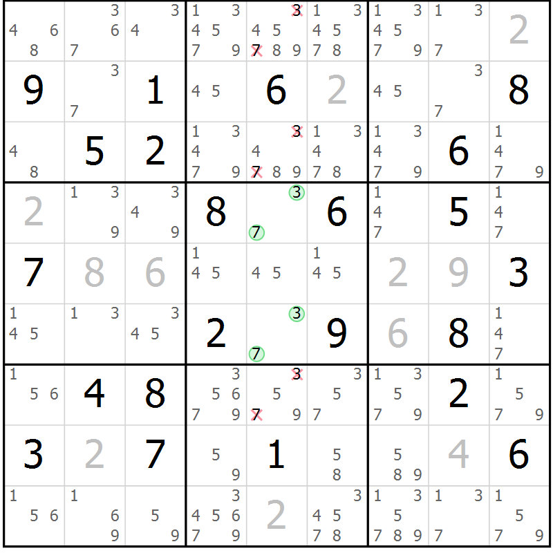 Position des candidats pour la solution de la Gr 4 page 7 du magazine de sudoku Virtuose n° 115