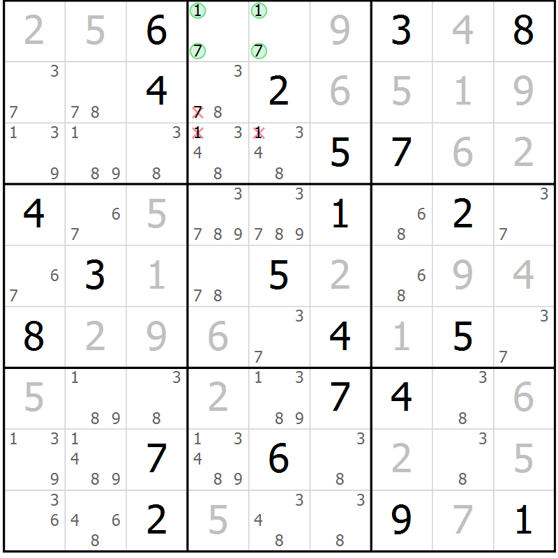 Position des candidats pour la solution de la Gr 40 page 43 du magazine de sudoku Virtuose n° 115