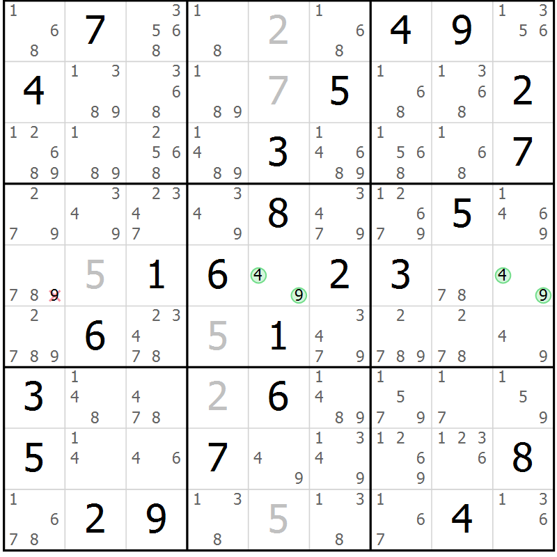 Position des candidats pour la solution de la Gr 42 page 45 du magazine de sudoku Virtuose n° 115