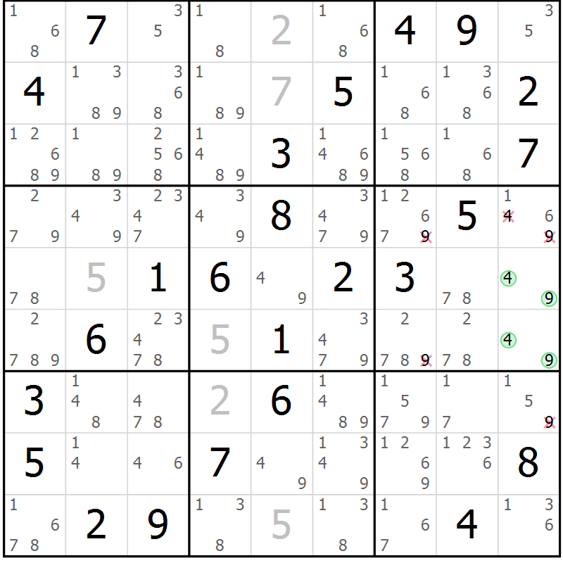Position des candidats pour la solution de la Gr 42 page 45 du magazine de sudoku Virtuose n° 115