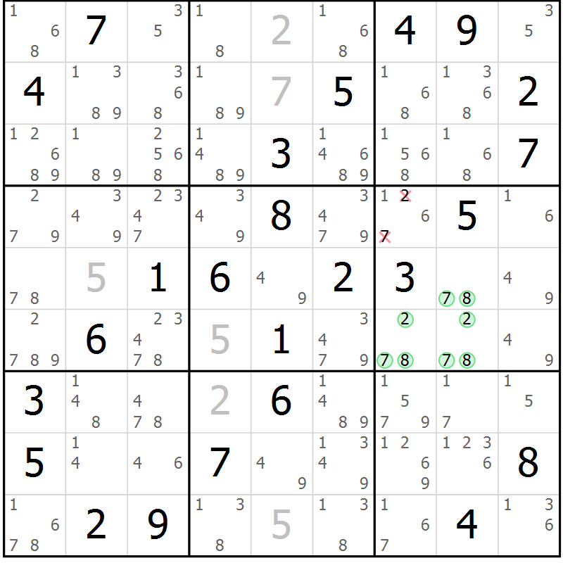 Position des candidats pour la solution de la Gr 42 page 45 du magazine de sudoku Virtuose n° 115