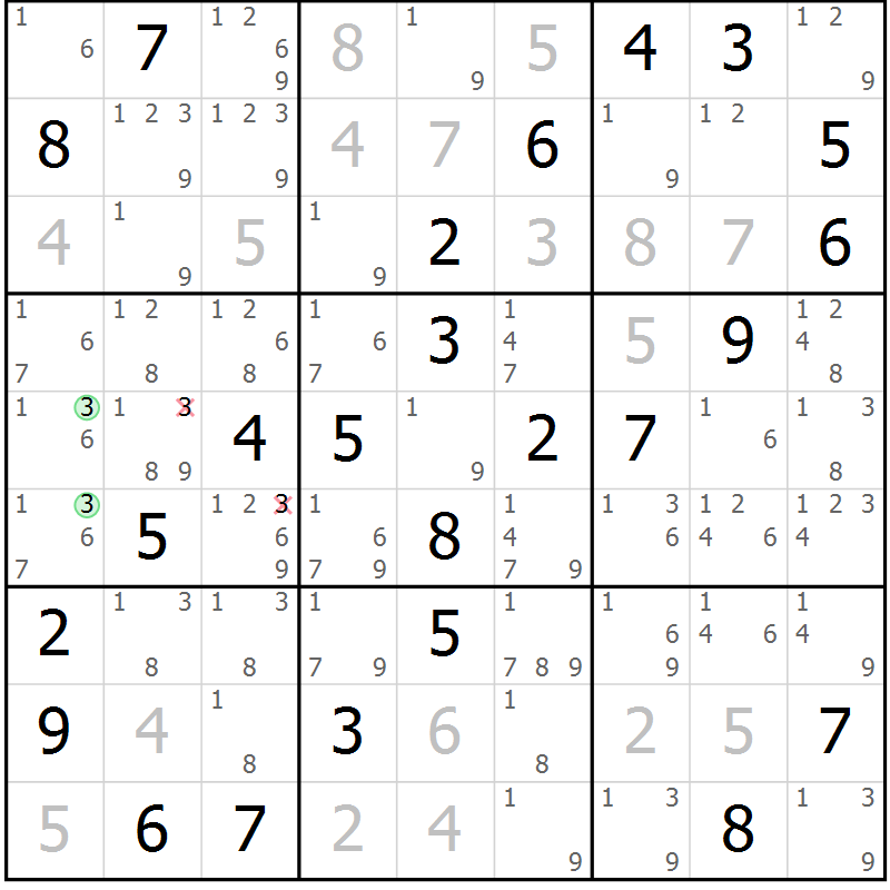 Position des candidats pour la solution de la Gr 43 page 46 du magazine de sudoku Virtuose n° 115