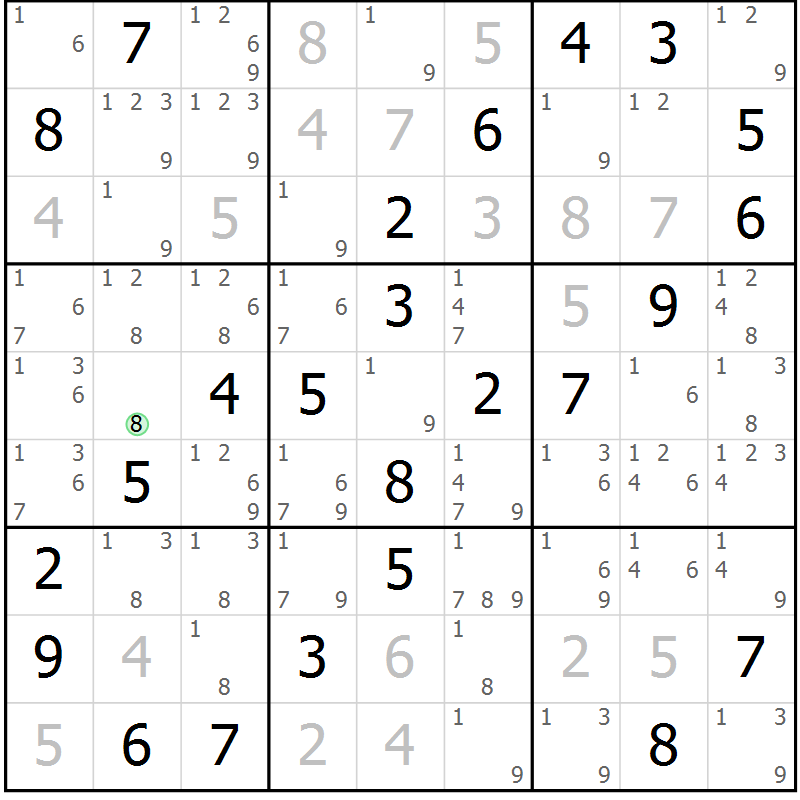 Position des candidats pour la solution de la Gr 43 page 46 du magazine de sudoku Virtuose n° 115