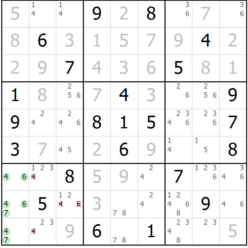 Position des candidats pour la solution de la Gr 44 page 47 du magazine de sudoku Virtuose n° 115