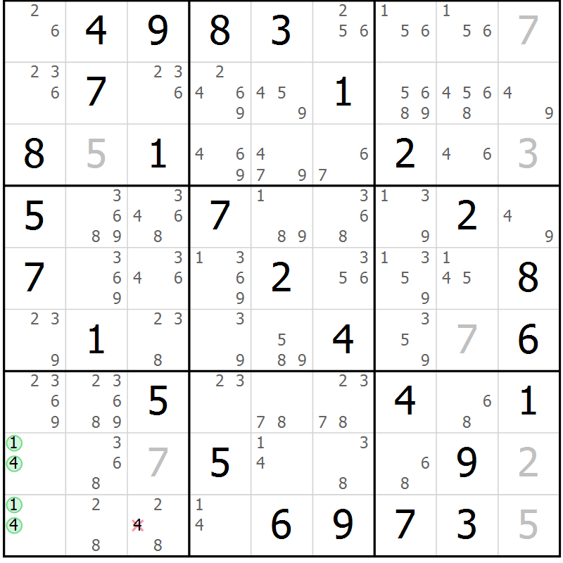 Position des candidats pour la solution de la Gr 45 page 48 du magazine de sudoku Virtuose n° 115