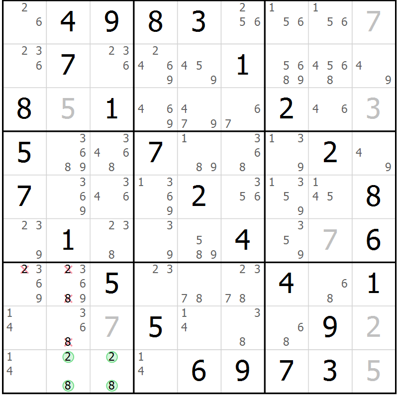 Position des candidats pour la solution de la Gr 45 page 48 du magazine de sudoku Virtuose n° 115